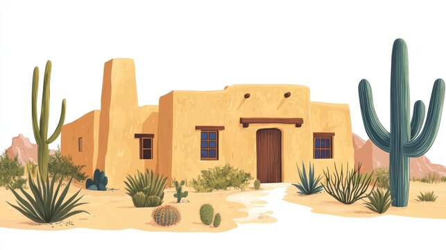 Desert adobe house illustration surrounded by cacti and vegetation
