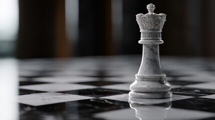 chess piece placement, a cinematic scene depicts the placing of a marble white queen chess piece on a black and white board, evoking a powerful and strategic atmosphere
