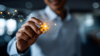 Unlock innovative solutions with glowing digital puzzle piece heavily defocused technology background connecting to advanced systems problem solving visualization business