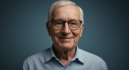 Obraz premium A portrait of an elderly man with glasses and a button-down shirt against a blue background.
