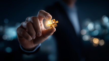 Getting knowledge and solving problem concept heavily defocused background logical idea visualization connecting last jigsaw puzzle piece completion achievement