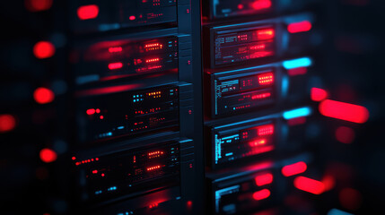 Rack of illuminated server units in data center with red and blue status lights and ambient glow