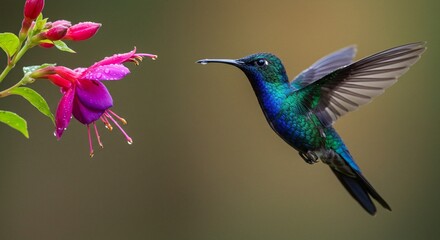 Fototapeta premium A vibrant hummingbird with iridescent plumage approaches a fuchsia flower to feed on its nectar.