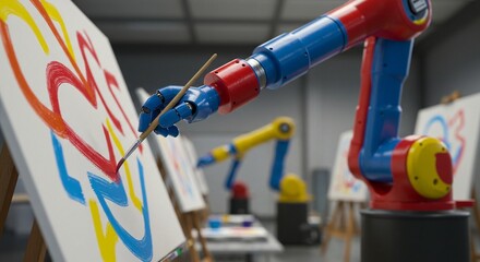 A robotic arm delicately paints colorful strokes on a canvas in a modern studio setting.