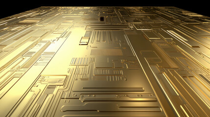Golden circuit board surface with glowing reflective traces and futuristic depth, sleek