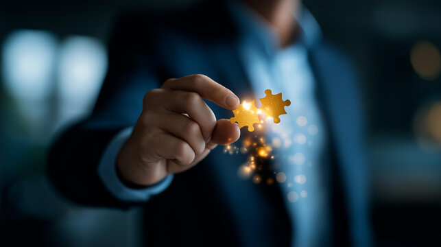 Innovative solution with puzzle piece concept heavily defocused background modern approach to business strategy problem solving with vibrant dynamic glow creative resolution