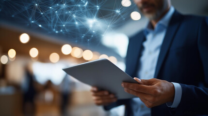 Faceless solution architect hands holding blueprint heavily defocused background anonymous professional with solutions network connections integration platforms technology