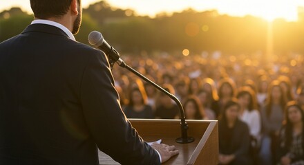 A speaker standing at a podium addressing a crowd of people at an outdoor event in the evening.