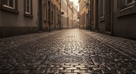 An empty cobblestone street, glistening with moisture, lined with aged European buildings.