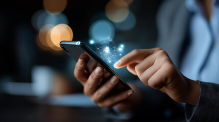 Digital banking technology on smartphone heavily defocused background financial innovation with online transactions data security fintech solutions global economic