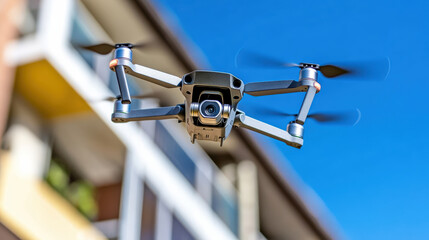 Drone flying near residential building, aerial camera inspecting facade with clear blue sky