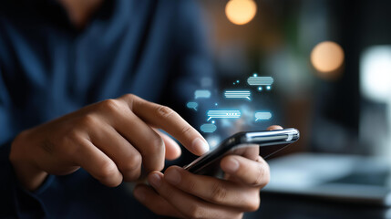 Faceless man using AI chatbot on smartphone heavily defocused background anonymous user for customer service automation technology solutions representation digital assistant