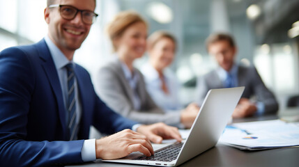 Obraz premium Faceless happy team of business people planning in meeting heavily defocused office background with tech visible anonymous professionals with financial solution or feedback