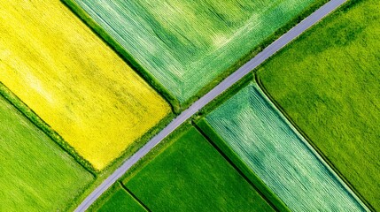 Aerial view of agricultural fields forming a vibrant green and yellow patchwork pattern with a road crossing the farming landscape