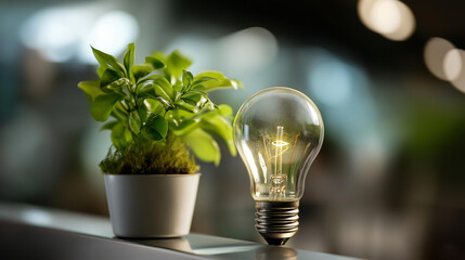 Innovative light bulb housing lush green plant heavily defocused background symbolizing sustainability and eco friendly energy solutions environmental innovation visualization