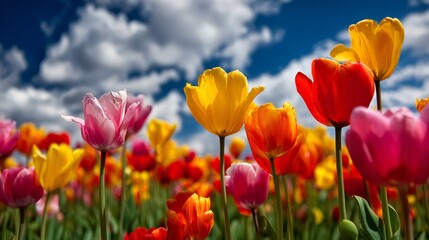 Fototapeta premium Colorful tulips blooming in a vibrant spring field under a blue sky with white clouds, symbolizing growth and beauty