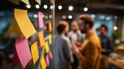 Faceless teamwork meeting with ideas for solution heavily defocused workplace background anonymous group and people discussion with technology planning collaboration for