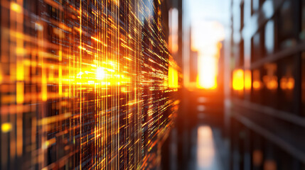 Glowing data grid along urban corridor with warm sunset light and futuristic energy