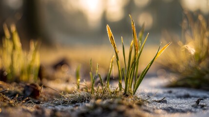 Green grass shimmering with morning frost at golden hour, sunlight glistening on icy leaves and cold ground