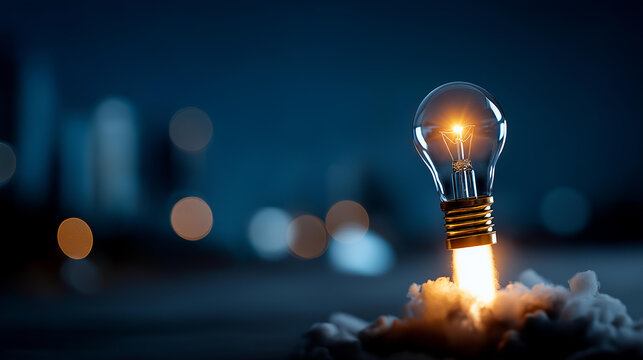Lightbulb taking off like rocket heavily defocused blue backdrop symbolizing innovative ideas creativity and progress powerful thrust representation business innovation
