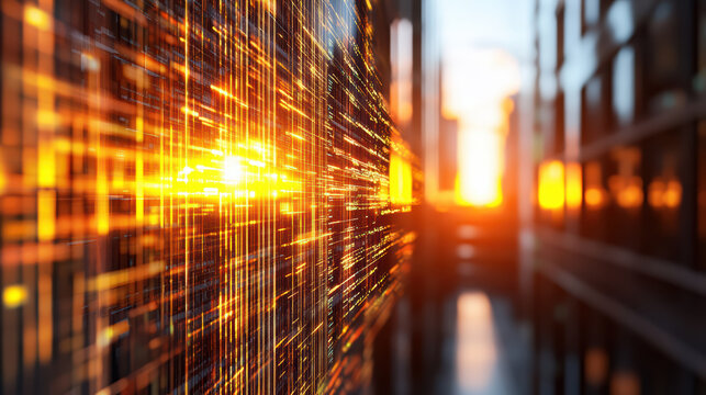 Glowing data grid along urban corridor with warm sunset light and futuristic energy - Powered by Adobe