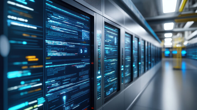 Server rack with glowing code panels futuristic data center showing dynamic system monitoring - Powered by Adobe