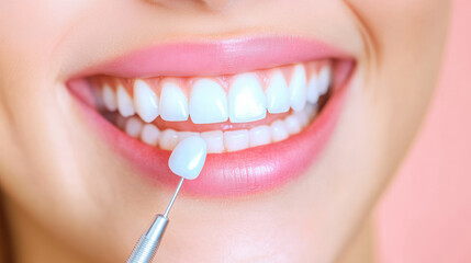 Bright smile with dental veneer shade guide matching tooth