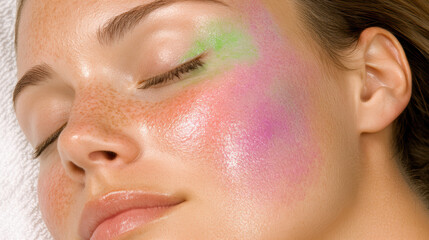 Close up portrait of freckled woman with colorful makeup and glowing skin