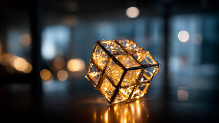Glowing puzzle cube solution for business rebuilding heavily defocused background problem solving inspiration connection of strategy teamwork and innovation successful idea