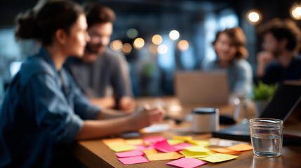 Innovation and creativity workshop scene heavily defocused collaborative background problem solving strategies development team brainstorming activity solution discovery