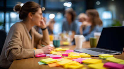 Innovation and creativity workshop scene heavily defocused collaborative background problem solving strategies development team brainstorming activity solution discovery