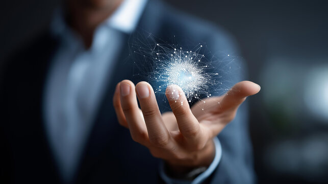 Solutions technology and business data network heavily defocused background connecting with AI driven holographic interface accuracy solution for problem solving future