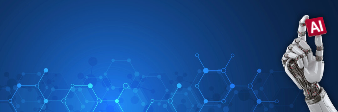 Robotic Arm Holding AI Cube on Futuristic Blue Molecular Background - Powered by Adobe