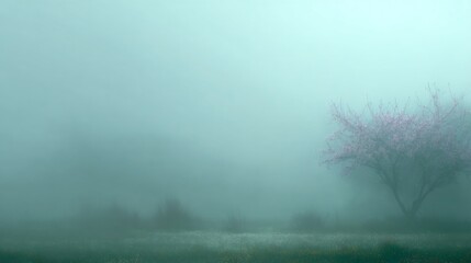Solitary cherry tree blooming in spring fog, soft pink blossoms creating a dreamlike landscape atmosphere