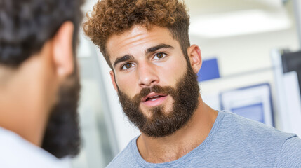 Young man with beard looking surprised in mirror reflection