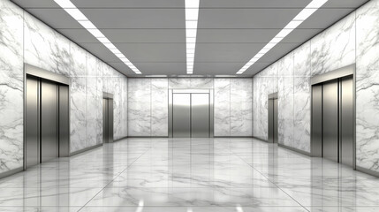 Obraz premium Marble elevator lobby with reflective floor and recessed ceiling lights, modern minimal