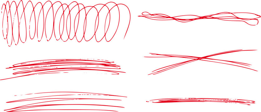 Set of red handwritten strikethrough marks isolated on white background.