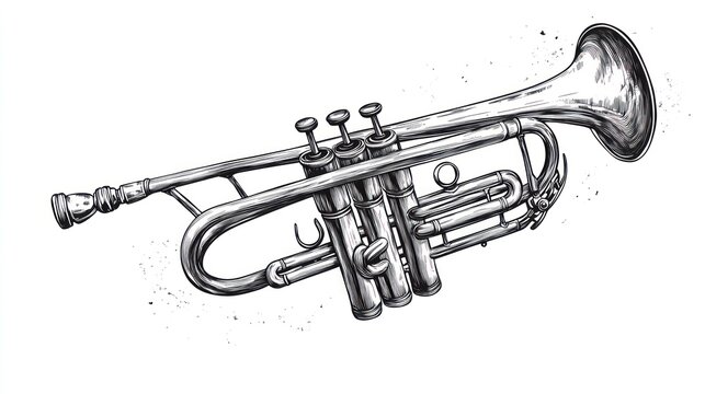 Detailed monochrome illustration of a trumpet musical instrument on a white background