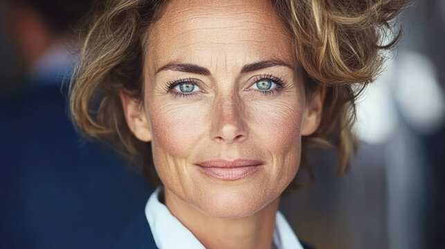 Confident middle aged woman with blue eyes and short wavy hair smiling softly in portrait