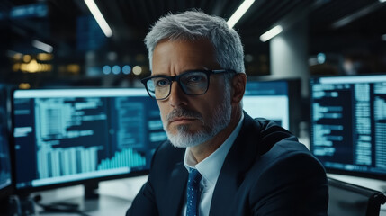 Experienced IT manager monitoring cloud incident alerts multiple screens night, focused