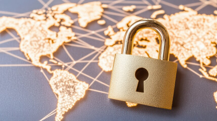 Golden padlock on illuminated world map network symbolizing global data security and trust