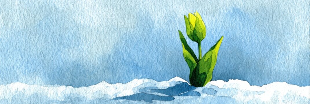 spring tulip artwork, a delicate watercolor art piece a vivid green tulip sprouting from melting snow the lower third is the focused area, with a pale blue sky above