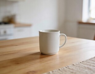 A white coffee cup sits on a wooden table