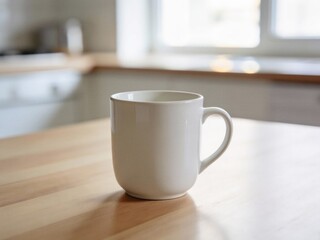 A white coffee cup sits on a wooden table