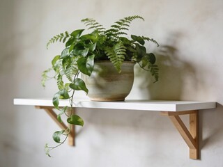 A plant is sitting on a shelf with a white background