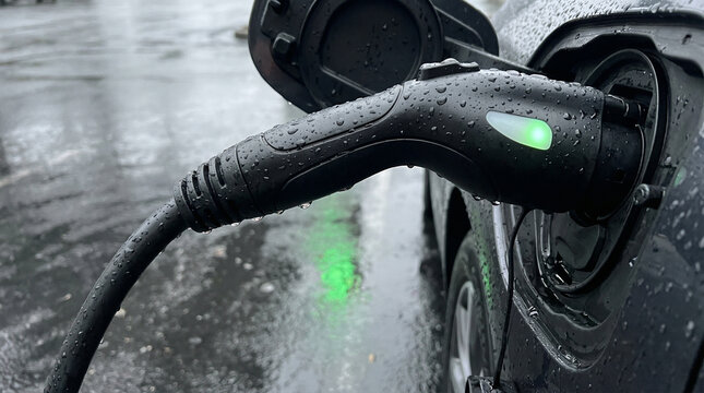Electric vehicle charging plug connected to a car in the rain. Close-up of EV charger with green indicator light and water drops. Sustainable transportation and green energy technology concept.