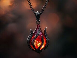 Pendant with glowing red stone. Ornate flame-shaped metal pendant on chain, translucent red glass with bright inner light, dark blurred background, fantasy or mystical jewelry style, no people.