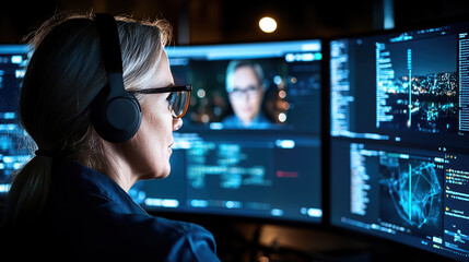 Woman with headset and glasses monitoring multiple code and data screens late night, focused
