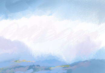 Impressionistic Landscape of Mountains with Misty Foggy Clouds Lingering Above-Digital Painting, Illustration, Art, Artwork, Design, in Blue, Teal & Tan