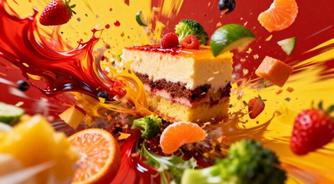 High-quality creative of abstract food explosion, dynamic motion blur, vibrant colors, artistic appe